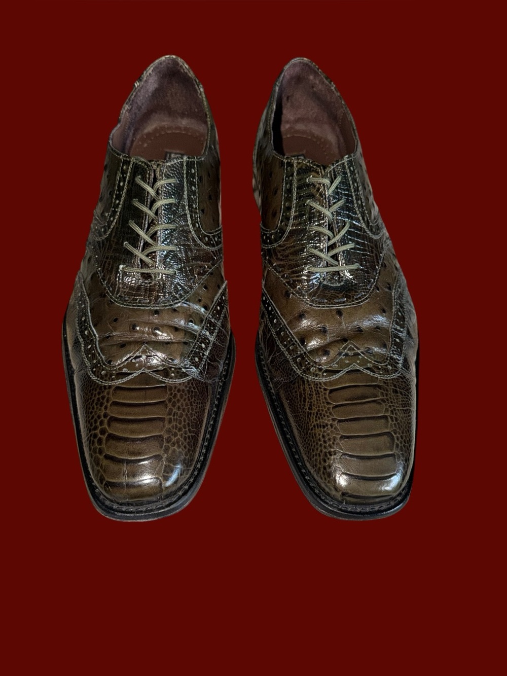Stacy Adams Men's Olive Green Ostrich Print Wingtip Oxford Dress Shoes Size 13
